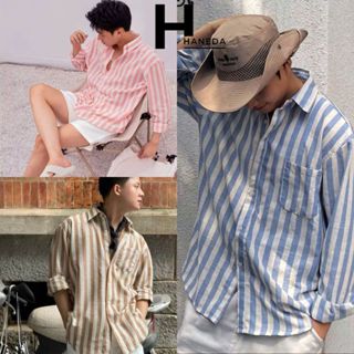 Áo Sơ Mi nam dài tay phối kẻ sọc chất đũi thoáng mát chống nhăn xù 3 màu xanh hồng nâu Hottrend
