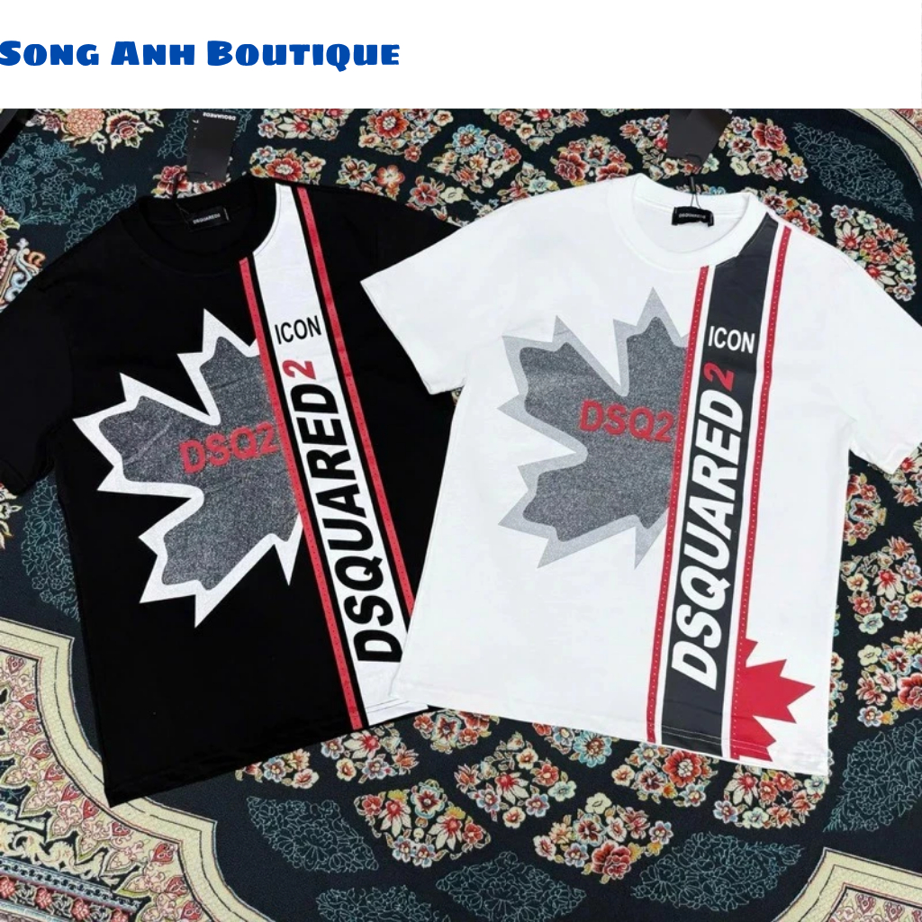 Áo Phông Nam Boy Phố Dsquared2 Cổ Tròn Ngắn Tay Premium Cao Câp Họa Tiết Dsq Lá Phong Nhũ Kim Tuyến Dọc Thân