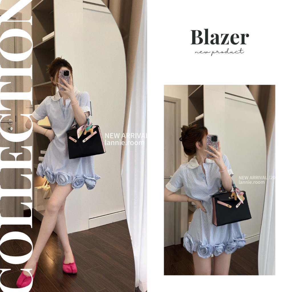 Đầm bầu thiết kế mùa hè , váy bầu dự tiệc xinh thời trang kẻ xanh cổ bèo tay phối ren chân hoa tiểu thư đầm bầu Elly