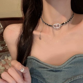 Vòng cổ nữ choker CD đính đá dây đen cá tính 1218