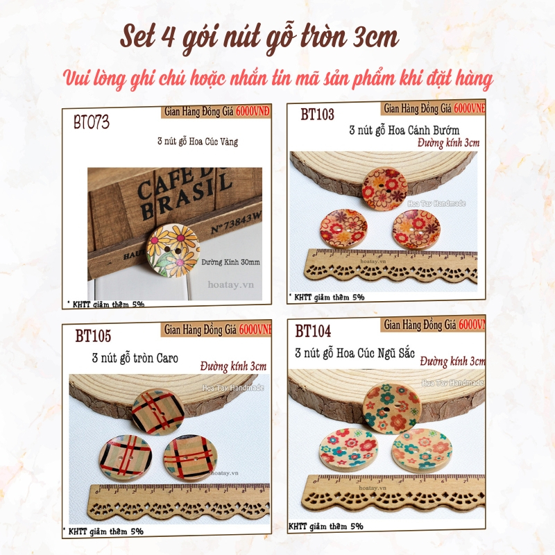 Set 4 Gói Nút Gỗ Tròn 3cm - Hoa Văn Vintage Đáng Yêu