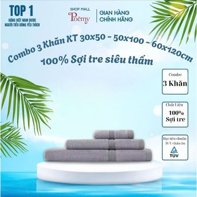 [CHÍNH HÃNG] Combo 3 Khăn Sợi Tre Cao Cấp Siêu Mềm Mịn KT 28x48 - 50x100 - 60x120cm