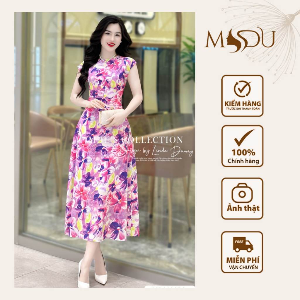 Váy Tiểu Thư MDU4196 Chất Tơ Hàn Họa Tiết Hoa Bắt Mắt Dáng Xòe Thanh Lịch Từ MDU K15-D1-1