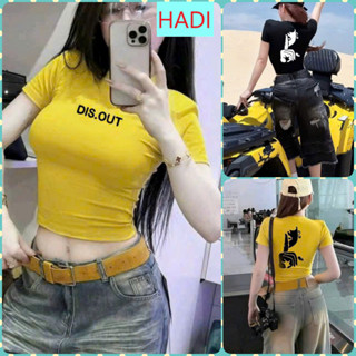[CRTUN2338] ÁO CROPTOP KIỂU LỬNG NỮ CỔ TRÒN TAY NGẮN IN CHỮ DIS OUT KÈM IN SAU MÀU TRẮNG ĐEN VÀNG CO GIÃN
