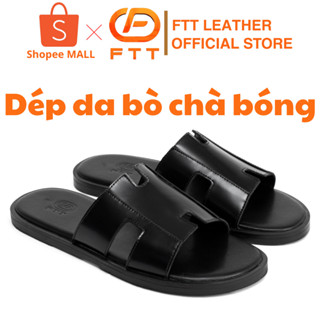Dép da bò chà bóng nam chữ H FTT Leather cao cấp hạn chế nhăn đế phíp gỗ chống trơn trượt