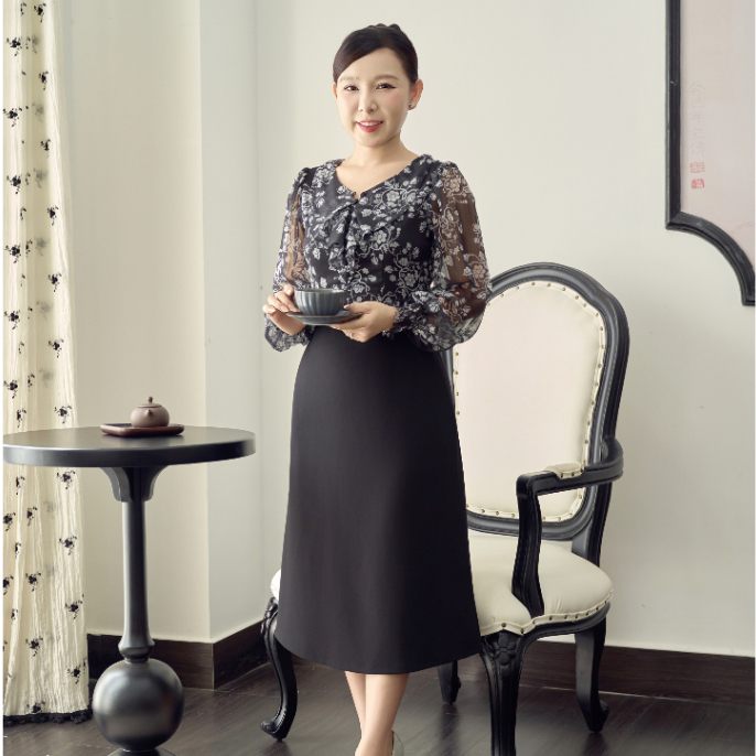 Đầm Form A - Cổ tim bèo kết nút tay lỡ - Đen hoa trắng - TTV Store thời trang nữ TTV1913