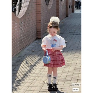 [B&G] Sét váy kitty áo trắng tay bồng kèm chân váy caro tầng dễ thương cho bé gái từ 12-45kg