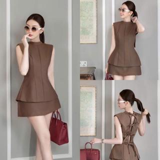 F98 Set (áo và chân váy) áo nơ buộc sau phối chân váy A ngắn