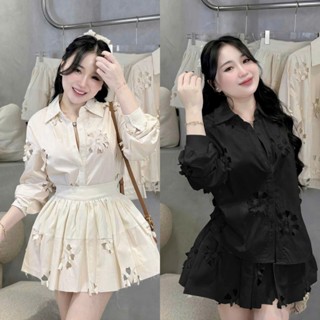 BIGSIZE HIẾU HIẾU (55-95KG) - Set thời trang nữ hoa rách Áo sơ mi tay dài + Chân váy dáng xoè S610