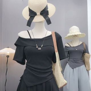 Áo thun Bigsize nữ cách điệu vạt gập trễ vai một bên vạt chéo nhún bèo rút dây chất vải gân tăm co giãn-G213