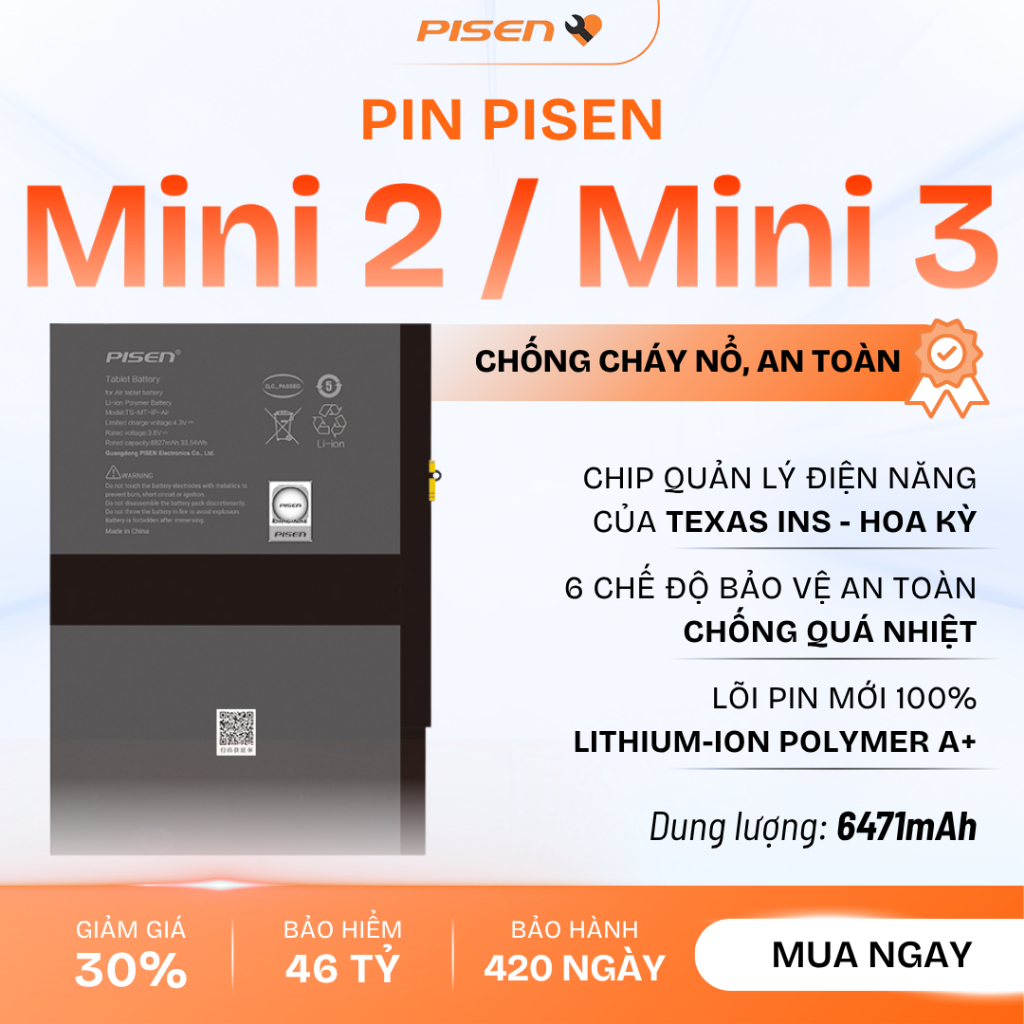 [Hàng đặt trước] Pin Pisen iP Mini 2 / Mini 3 (A1489 , A1490) 6471mAh - Bảo hành 420 ngày - Hàng chí