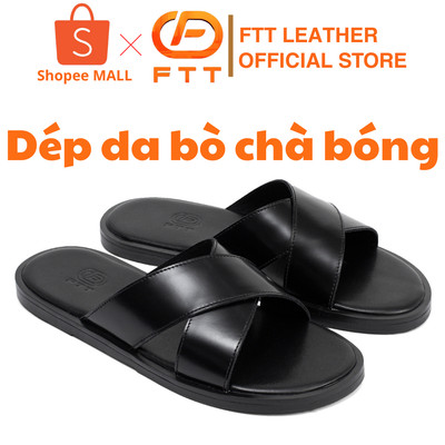 Dép da bò chà bóng nam đan chéo FTT Leather cao cấp hạn chế nhăn đế phíp gỗ chống trơn trượt