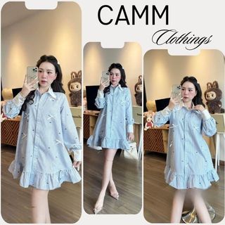  Váy sơ mi nữ dáng ngắn dài tay cổ đức phối màu họa tiết kẻ xanh mix nơ nổi dáng xòe tôn dáng siêu xinh CAMM HCOM3230 