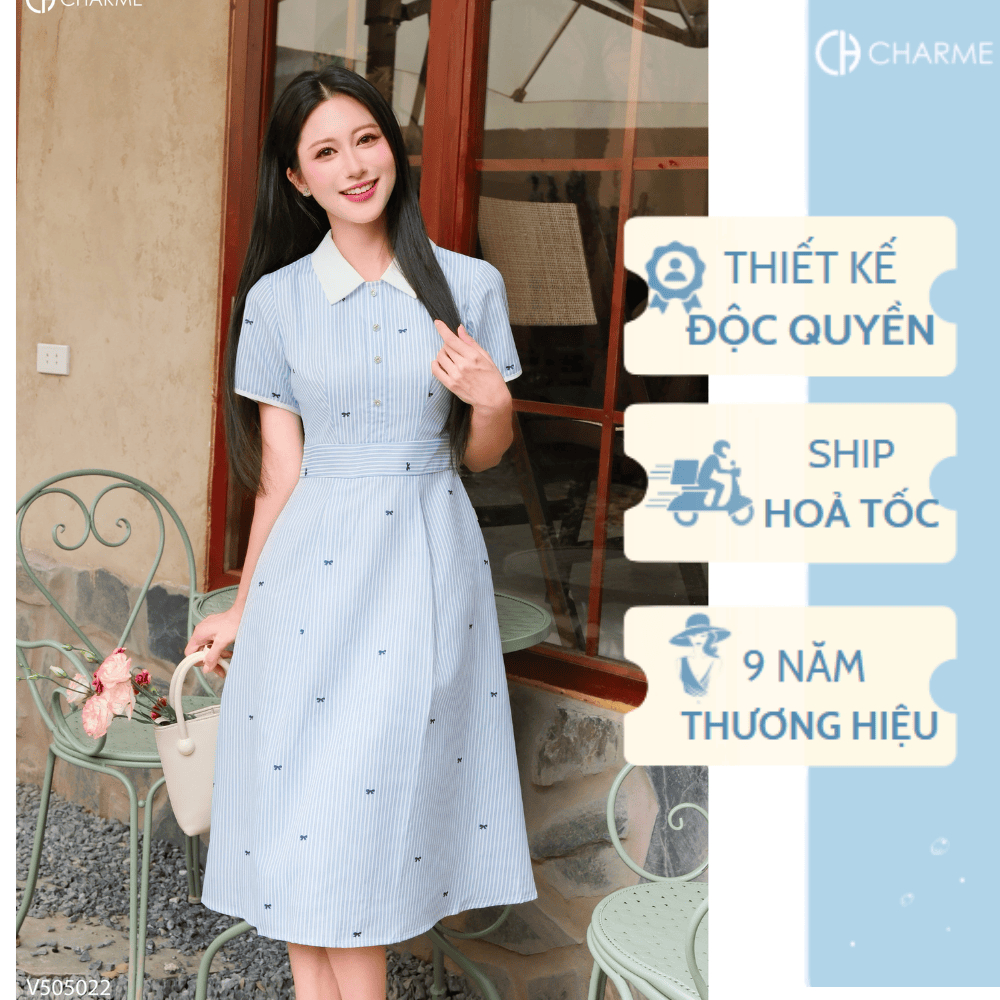Váy cộc tay cổ sơ mi dáng dài Charme Store 505022