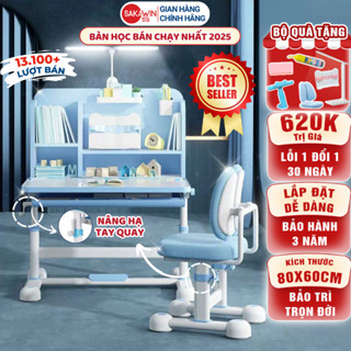 (Bản Cải Tiến) Bộ bàn học chống gù Sakawin A16 Plus, Bàn học cho bé có giá sách, Nâng hạ tay quay.