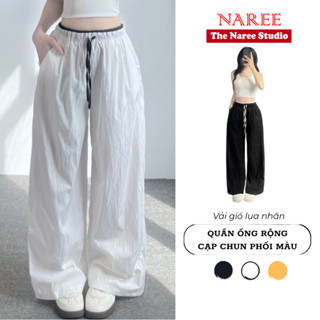 Quần Ống Rộng Nữ Cạp Chun Phối Màu NAREE, Quần Dài Suông Chất Gió Lụa Nhăn Dây Rút Lưng Thun 433M