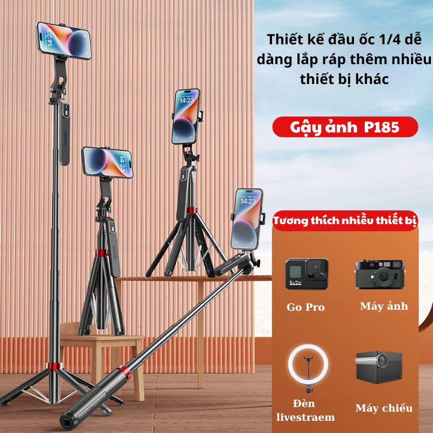 Gậy chụp ảnh 4 chân P185 Đa chức năng Tripod điện thoại quay phim, chụp ảnh kéo dài 180cm, có remote