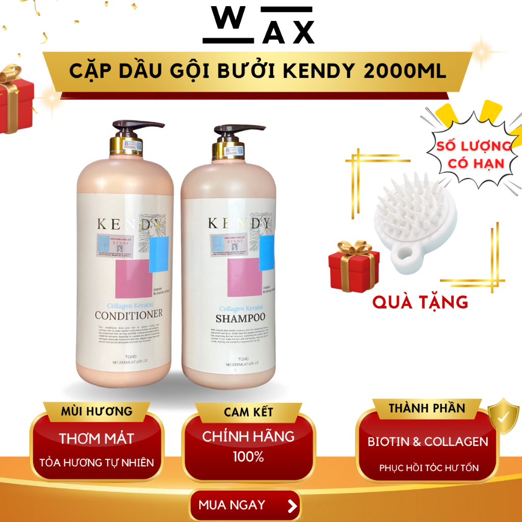 Dầu gội xả KENDY Collagen 2000ml mềm mượt tóc chắc khỏe hương thơm ngọt dành cho salon