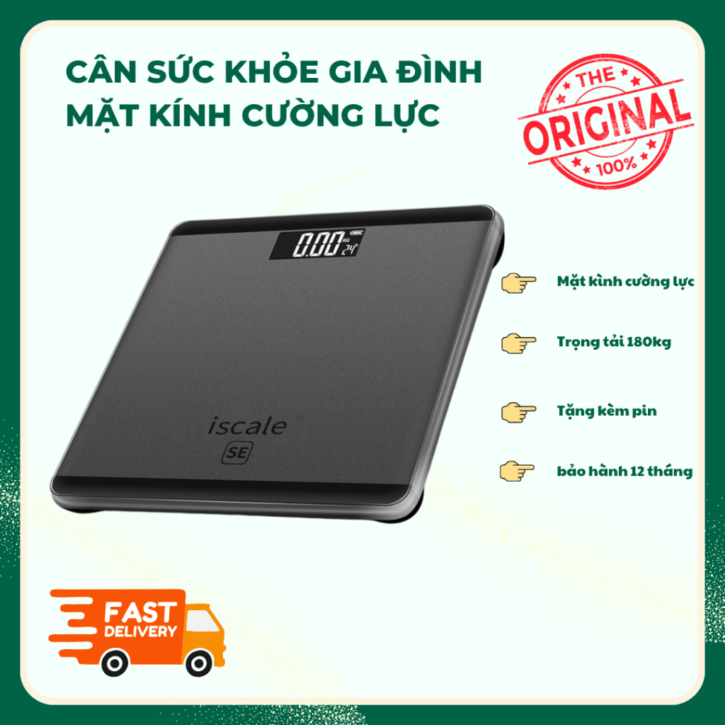 Cân Sức Khỏe Điện Tử Tải Trọng 180kg Mặt Kính Cường Lực Bảo Hành 12 Tháng - Chính Hãng