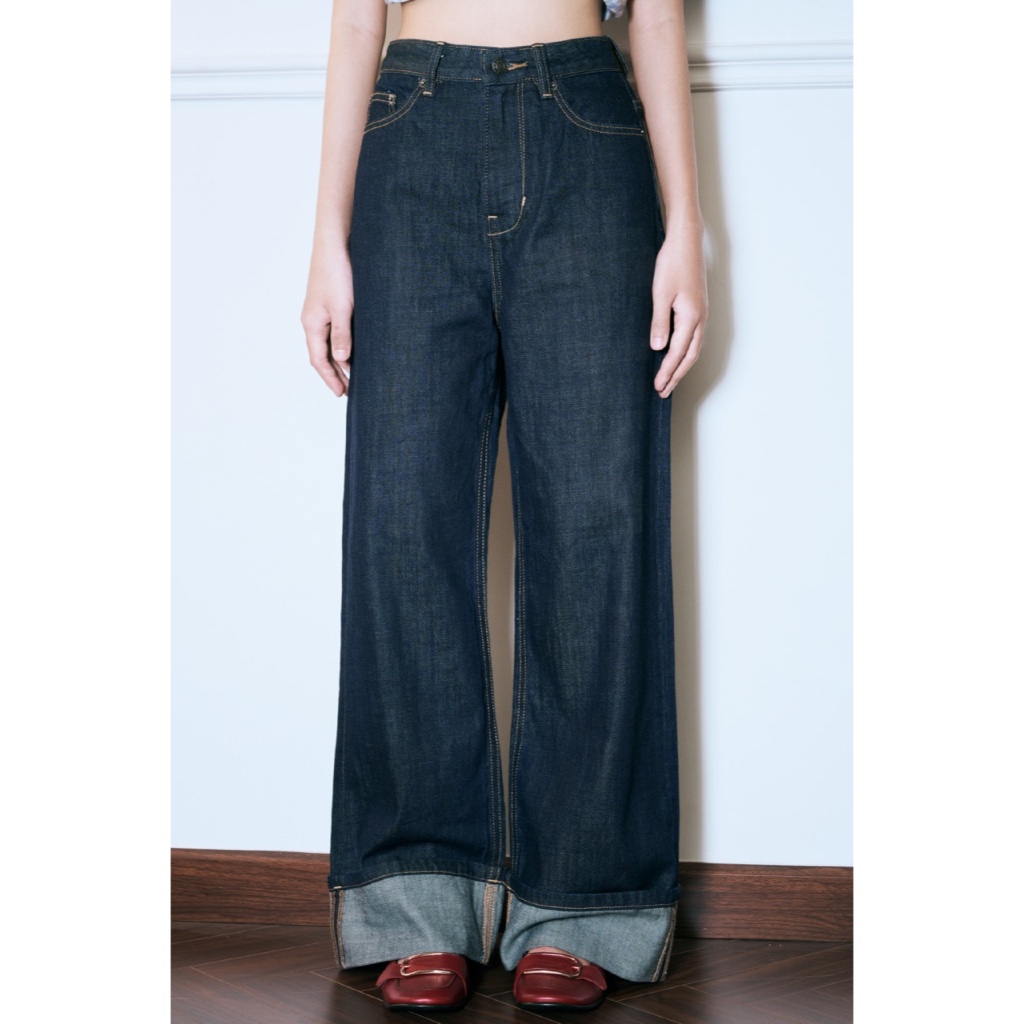 LIBÉ WORKSHOP - Quần jeans suông dài xắn gấu màu xanh dương đậm | BigBuy360 - bigbuy360.vn