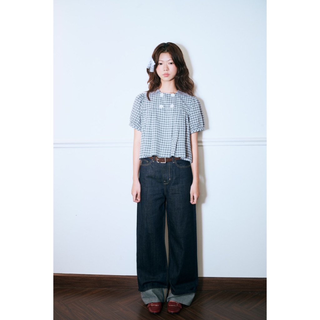 LIBÉ WORKSHOP - Quần jeans suông dài xắn gấu màu xanh dương đậm