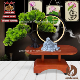  Thác khói tượng Phật Di Lặc Tam Thánh bên gốc cây bonsai kèm đèn led hào quang Quan Âm Thích Ca Địa Tạng  A Di Đà. 