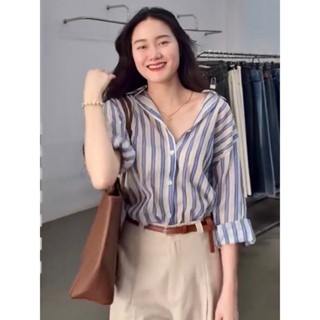Áo Sơ Mi Tơ Giấy MỎNG Nhẹ Mát Mùa Hè Kẻ Sọc Xanh Biển Freesize Form Rộng Thoải Mái Đi Làm Đi Chơi | SUBICI