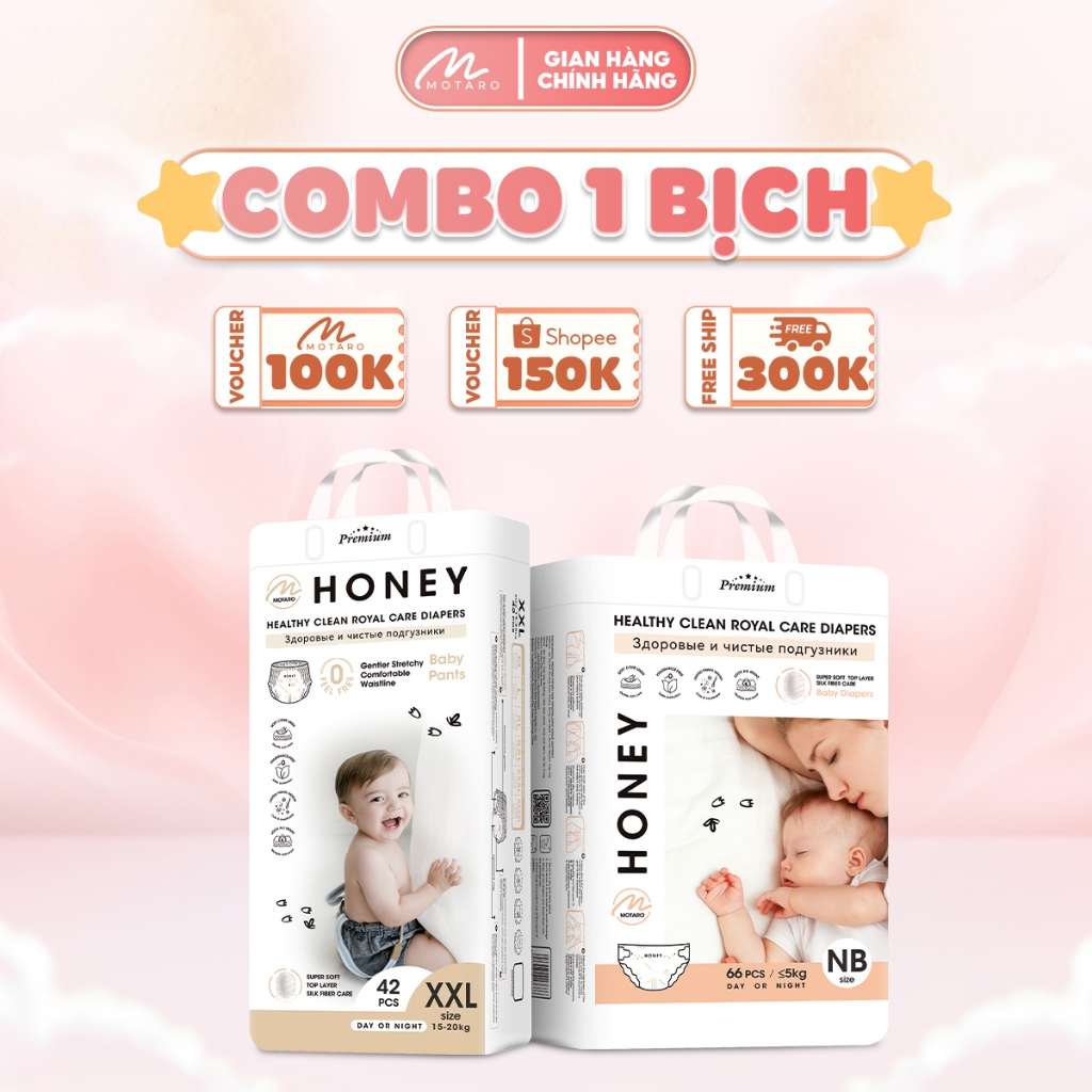 Tã/bỉm Dán Quần Honey Premium Mềm Mại, An Toàn Đủ Size Cho Bé Từ 3kg - 25kg