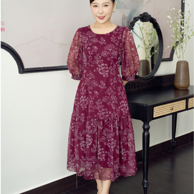 Đầm xòe A trung niên cho mẹ - Cổ tròn tay lỡ - Đỏ hoa trắng - TTV Store thời trang nữ TTV1900