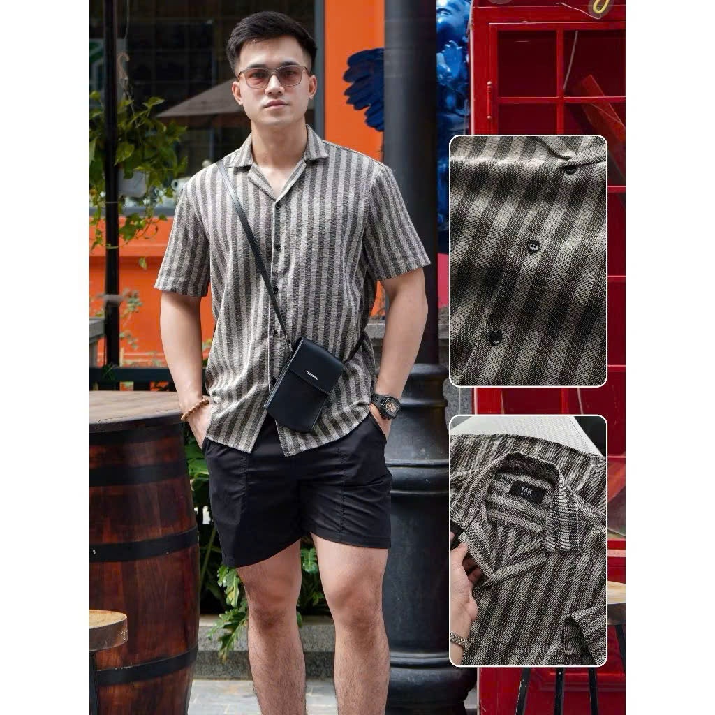 Áo sơ mi nam ngắn tay cổ vest phối kẻ sọc trẻ trung, vải cotton đũi thoáng mát, co giãn 4 chiều