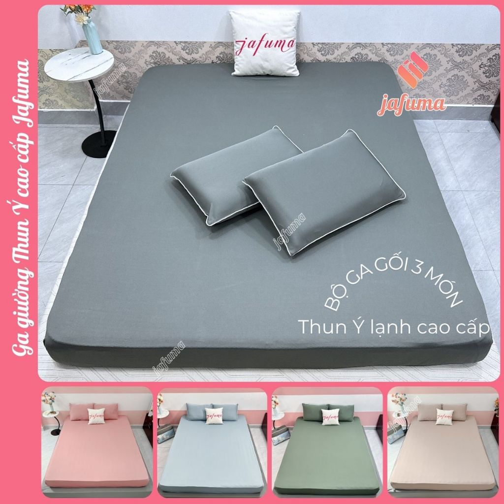Bộ Ga Gối 3 Món Thun Lạnh Ý Cao Cấp JAFUMA, Bộ Drap Giường Bo Chun + 2 Vỏ Gối Nằm Cho Nệm Cao 3-30cm