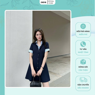 Đầm Ngắn Xòe Xanh Đen ODS thiết kế cổ sơ mi giả set ở trong sọc blue trắng, tay ngắn, đính gài nút - GP3