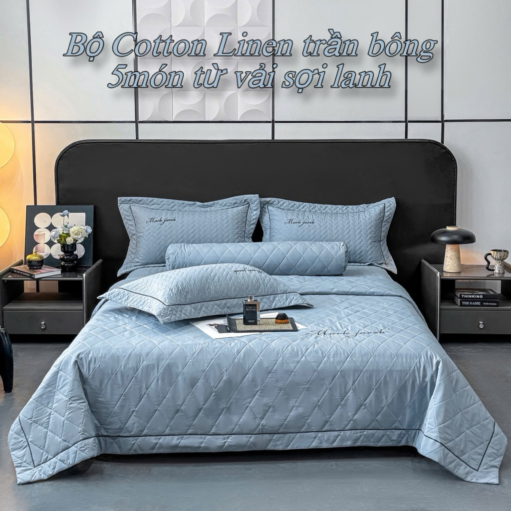 Bộ chăn ga gối trần bông 5 món Cotton Linen từ sợi dệt lanh mềm mịn thoáng mát,hoạ tiết thêu nổi sang trọng