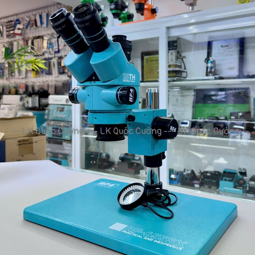 Kính hiển vi 3 mắt đồng bộ RF4 RF 6558X zoom 6.5-58X với đế lớn bằng hợp kim nhôm / 6558X RF4