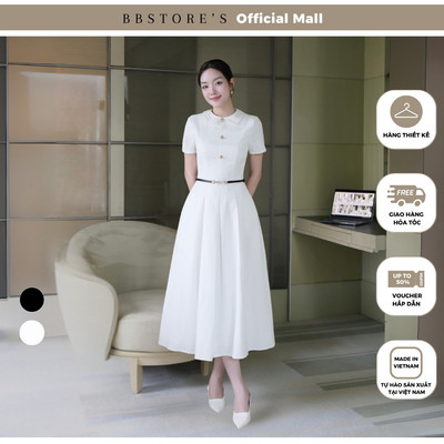 BBSTORE'S Đầm Xòe Công Sở Dài Cổ Lá Sen Phối Nút Kiểu Chất Cotton - D4452B