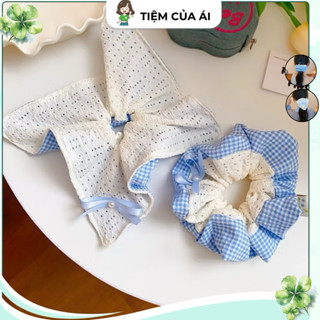 Scrunchie Caro Phối Ren 2 Kiểu Tone Xanh Dương, Buộc Tóc Vải Nữ Dễ Thương