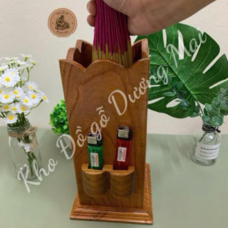  Ống đựng nhang bằng gỗ tự nhiên  có chỗ để hột quẹt hình hoa sen 