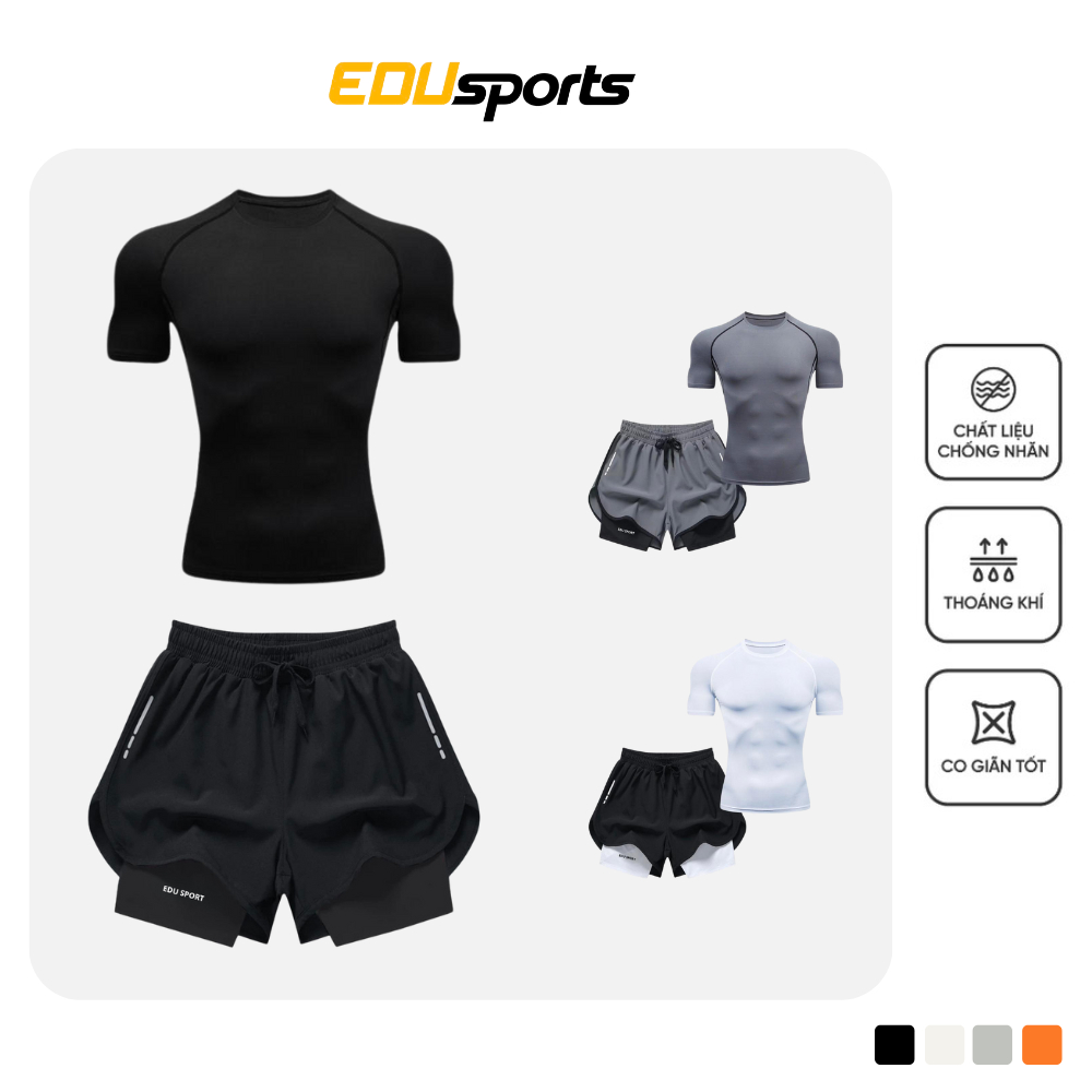 Bộ Quần Áo Tập Gym Nam Edu Sport Kết Hợp Áo Body và Quần Short 2 Lớp Co Dãn 4 Chiều