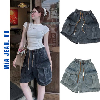  Quần ngố jean lưng chun dây nâu quần jean túi hộp tròn chất chơi- MiA JEANS 
