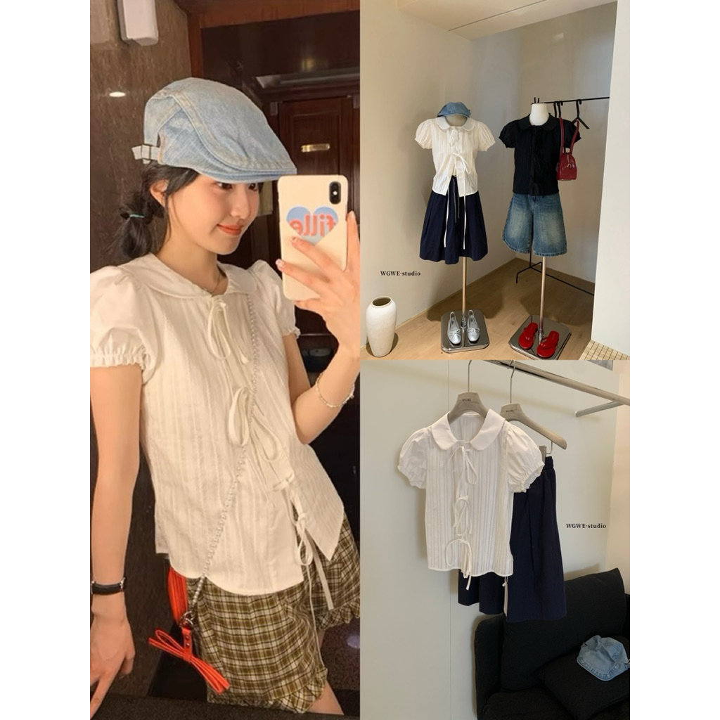 𝗺𝗶𝗲 𝘀𝘁𝘂𝗱𝗶𝗼 - /WGWE/ #w6134 Áo cổ sen ngắn tay buộc dây mùa hè, năng động