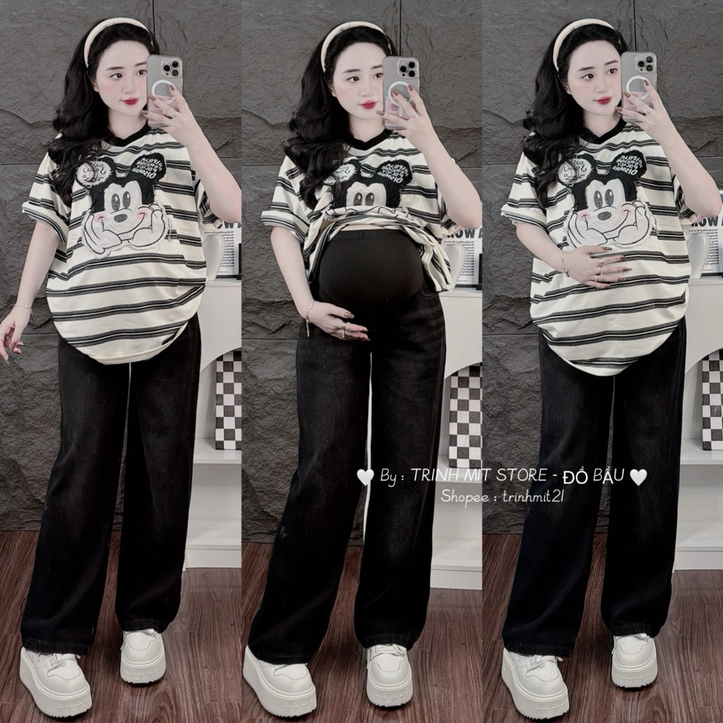 (TRINH MIT) Quần Bò Suông Bầu M035 Màu Đen Khói - Có Chun Chỉnh Eo