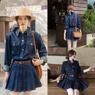 METWO. - Set bò jeans denim áo sơ mi dài tay + khăn lụa QC kèm chân váy ngắn tennis xếp ly + belt đai da ulzzang #1606