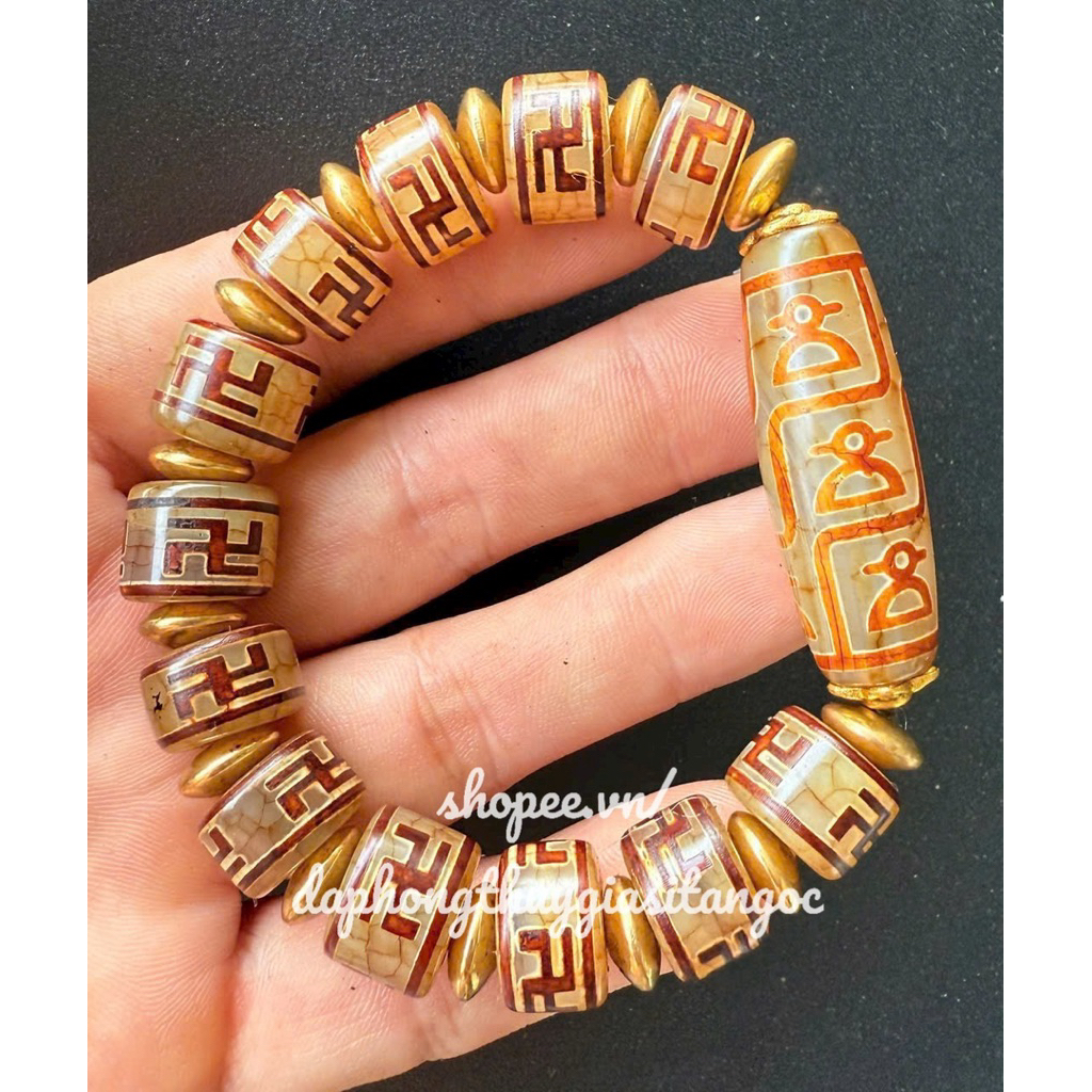 Vòng tay Dzi chữ vạn mix thần tài sdep