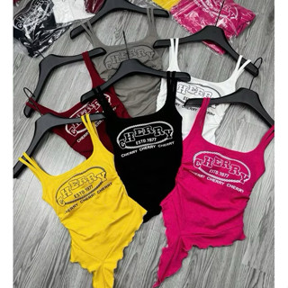 ÁO 2 DÂY LỆCH TÀ IN CHỮ CHERRY CÓ MÚT ĐỆM FOM DÁNG CROPTOP