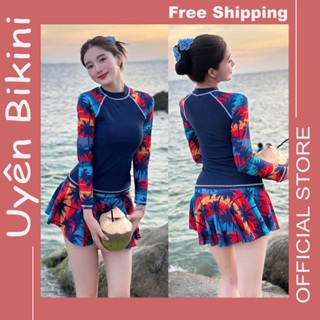 Đồ bơi áo tắm bikini set 2 món áo dài tay hoạ tiết lá dừa quần đùi thể thao đi biển đẹp CV06