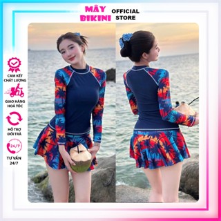 MÂY BIKINI Bộ đồ bơi nữ Set 2 món áo dài tay hoạ tiết lá dừa quần đùi thể thao đi biển đẹp CV06