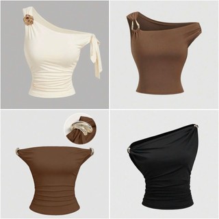 (SẴN ZUPU TRẮNG S, ZULU xanh mạ S Đen M-LÙI 1 SZ SO VỚI HAY MẶC-ORDER SHEIN) ZUTU TOP - Áo croptop lệch vai cá tính Y2K