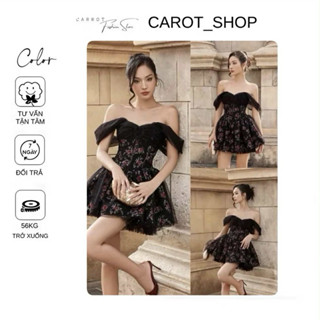 D1-Váy hoa đen bẹt vai sang chảnh phối lưới tùng xoè bồng bềnh by CarrotShop