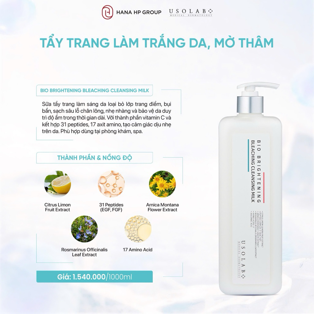 (CHIẾT) Usolab Brightening Bleaching Cleansing Milk tẩy trang làm trắng, mờ thâm cho da