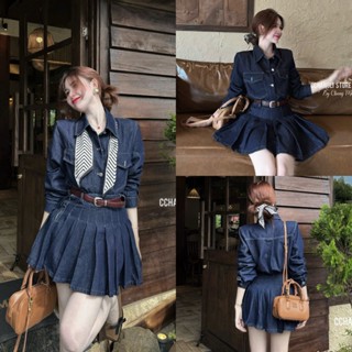 yenacloset / SET BÒ JEANS KÈM KHĂN LỤA + BELT - Set váy denim QC áo sơ mi dài tay kèm chân váy tennis ulzzang HQ #1601